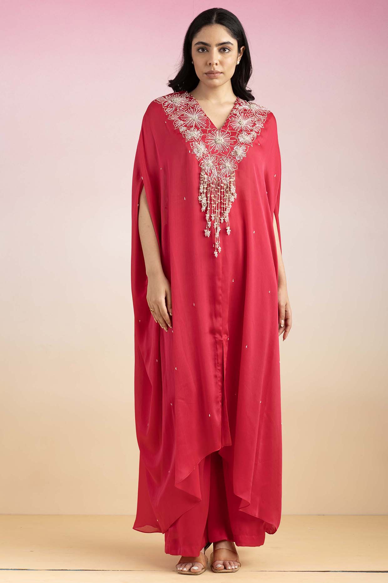Rani Pink Chiffon Kaftan Set by Ajiesh Oberoi at Pernia's Pop Up Shop