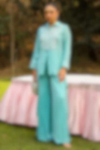 Sky Blue Chiffon & Mulmul Embroidered Co-Ord Set by Ajiesh Oberoi at Pernia's Pop Up Shop