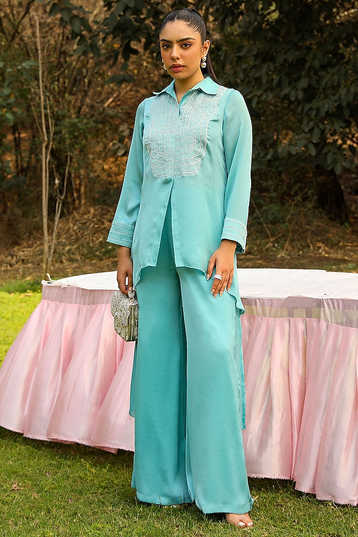 Sky Blue Chiffon & Mulmul Embroidered Co-Ord Set by Ajiesh Oberoi