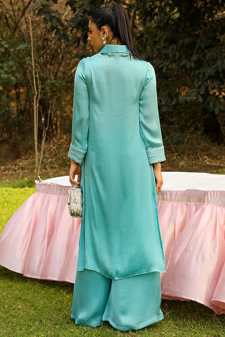 Sky Blue Chiffon & Mulmul Embroidered Co-Ord Set by Ajiesh Oberoi at Pernia's Pop Up Shop