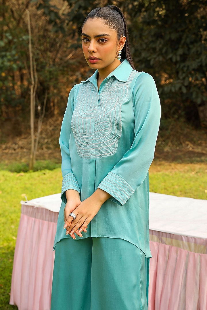 Sky Blue Chiffon & Mulmul Embroidered Co-Ord Set by Ajiesh Oberoi at Pernia's Pop Up Shop