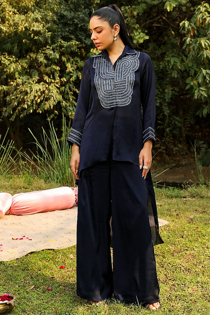 Navy Blue Chiffon & Mulmul Embroidered Co-Ord Set by Ajiesh Oberoi