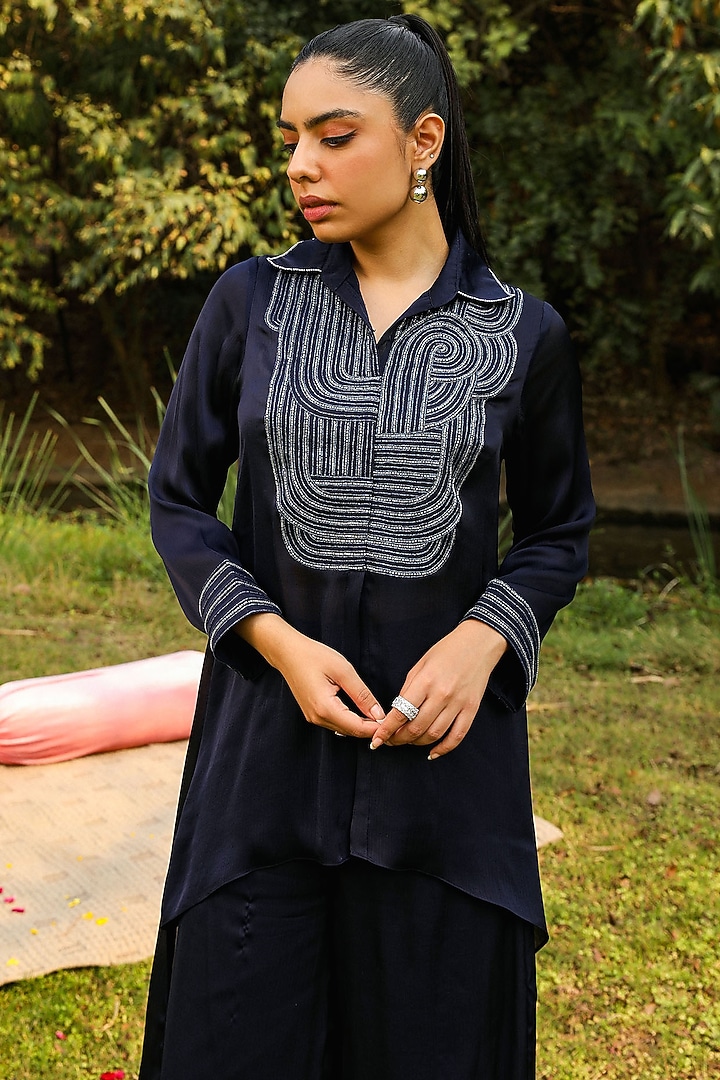 Navy Blue Chiffon & Mulmul Embroidered Co-Ord Set by Ajiesh Oberoi at Pernia's Pop Up Shop