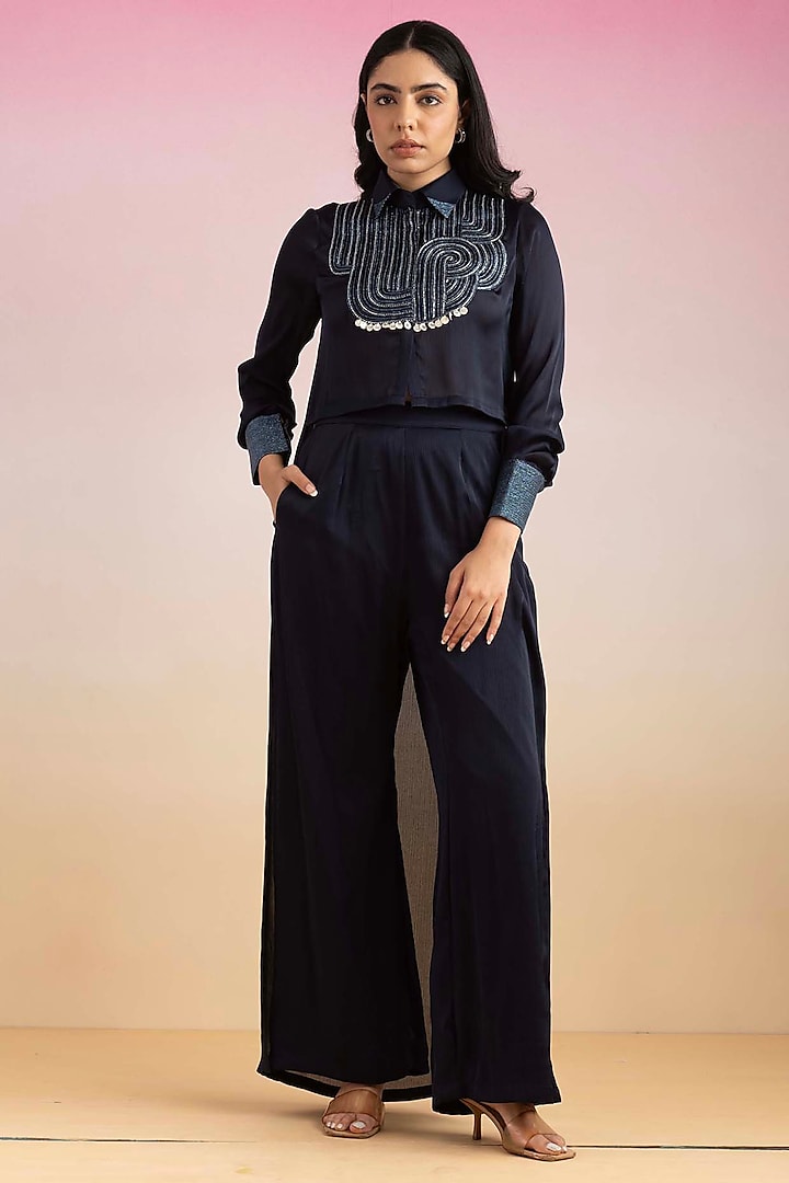 Navy Blue Chiffon Embroidered Co-Ord Set by Ajiesh Oberoi