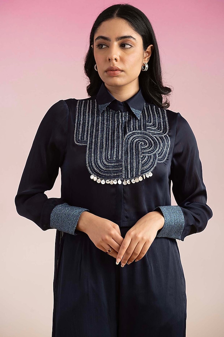 Navy Blue Chiffon Embroidered Co-Ord Set by Ajiesh Oberoi at Pernia's Pop Up Shop