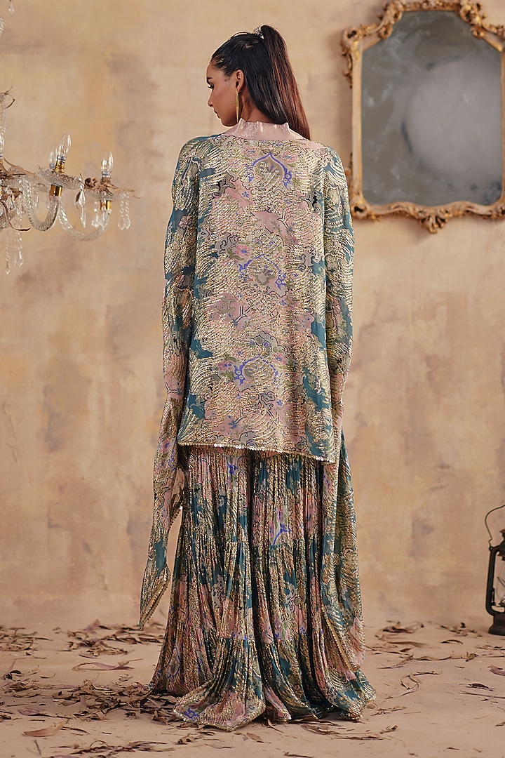 Blue Premium Lurex Georgette Printed Wedding Sharara Set by Ajiesh Oberoi at Pernia's Pop Up Shop
