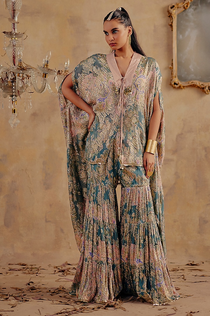 Blue Premium Lurex Georgette Printed Wedding Sharara Set by Ajiesh Oberoi at Pernia's Pop Up Shop