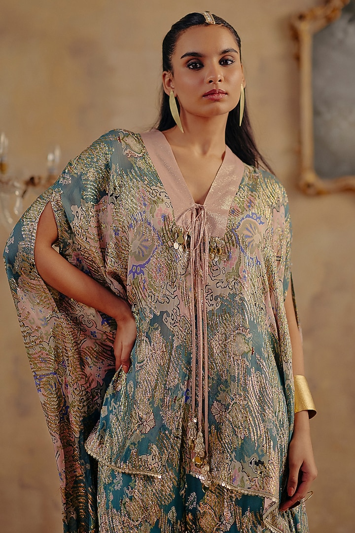 Blue Premium Lurex Georgette Printed Wedding Sharara Set by Ajiesh Oberoi at Pernia's Pop Up Shop