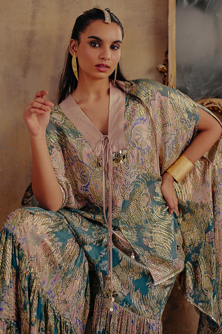 Blue Premium Lurex Georgette Printed Wedding Sharara Set by Ajiesh Oberoi at Pernia's Pop Up Shop