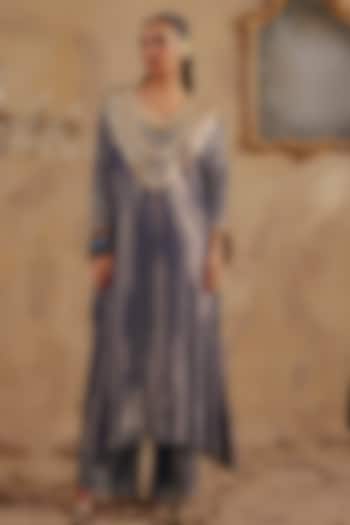Blue Premium Lurex Georgette Chevron Embroidered Kaftan Set by Ajiesh Oberoi at Pernia's Pop Up Shop
