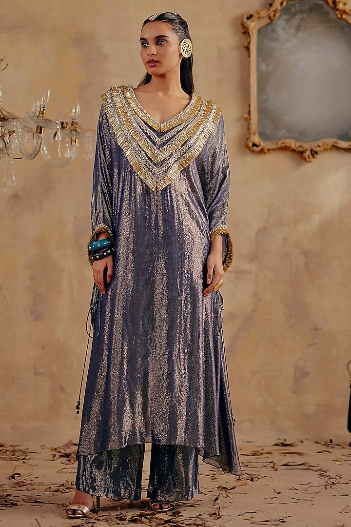 Blue Premium Lurex Georgette Chevron Embroidered Kaftan Set by Ajiesh Oberoi at Pernia's Pop Up Shop