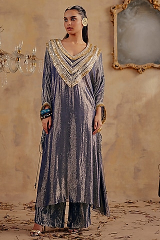 Blue Premium Lurex Georgette Chevron Embroidered Kaftan Set by Ajiesh Oberoi