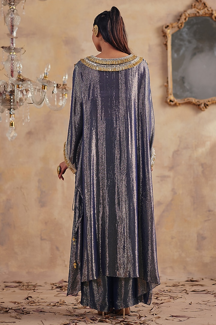 Blue Premium Lurex Georgette Chevron Embroidered Kaftan Set by Ajiesh Oberoi at Pernia's Pop Up Shop
