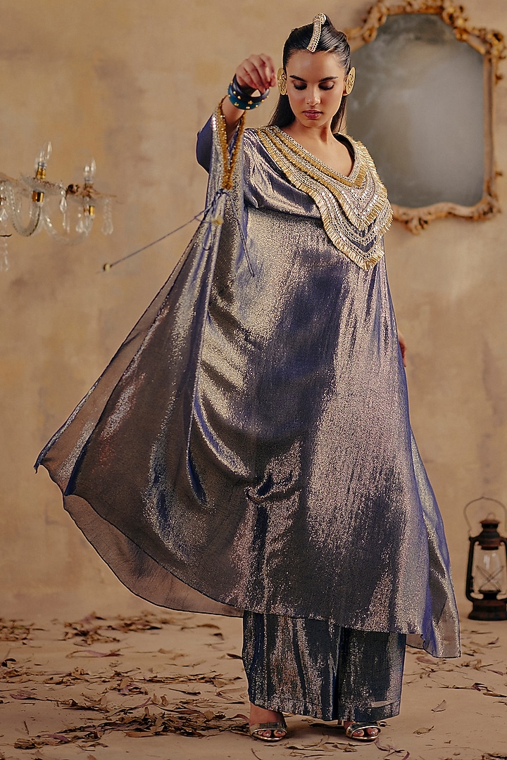 Blue Premium Lurex Georgette Chevron Embroidered Kaftan Set by Ajiesh Oberoi at Pernia's Pop Up Shop