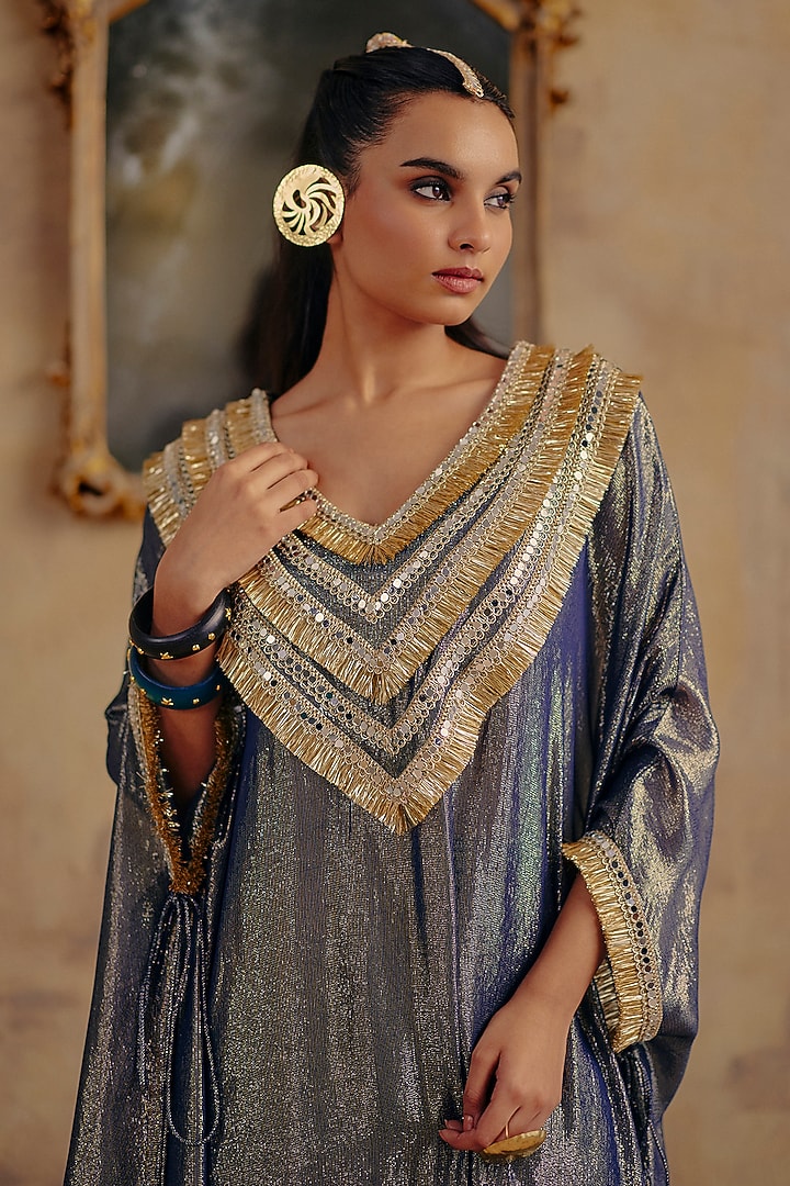 Blue Premium Lurex Georgette Chevron Embroidered Kaftan Set by Ajiesh Oberoi at Pernia's Pop Up Shop