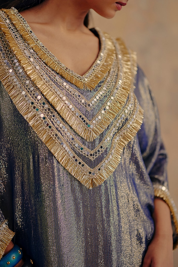 Blue Premium Lurex Georgette Chevron Embroidered Kaftan Set by Ajiesh Oberoi at Pernia's Pop Up Shop