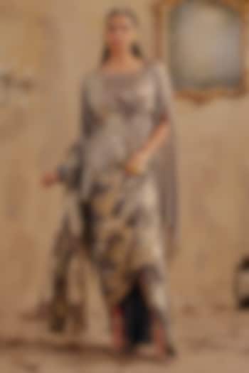 Grey Jacquard Premium Lurex Georgette Printed Draped Wedding Saree Set by Ajiesh Oberoi at Pernia's Pop Up Shop