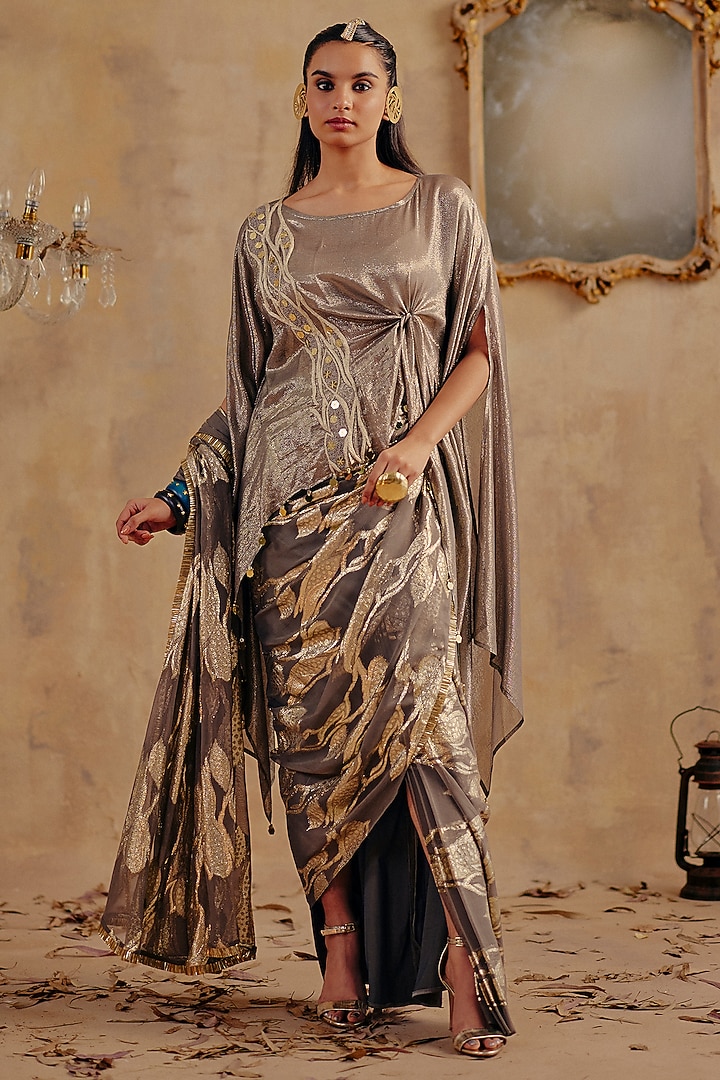 Grey Jacquard Premium Lurex Georgette Printed Draped Wedding Saree Set by Ajiesh Oberoi at Pernia's Pop Up Shop