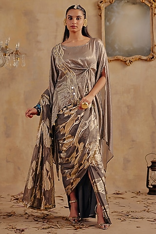 Grey Jacquard Premium Lurex Georgette Printed Draped Saree Set by Ajiesh Oberoi