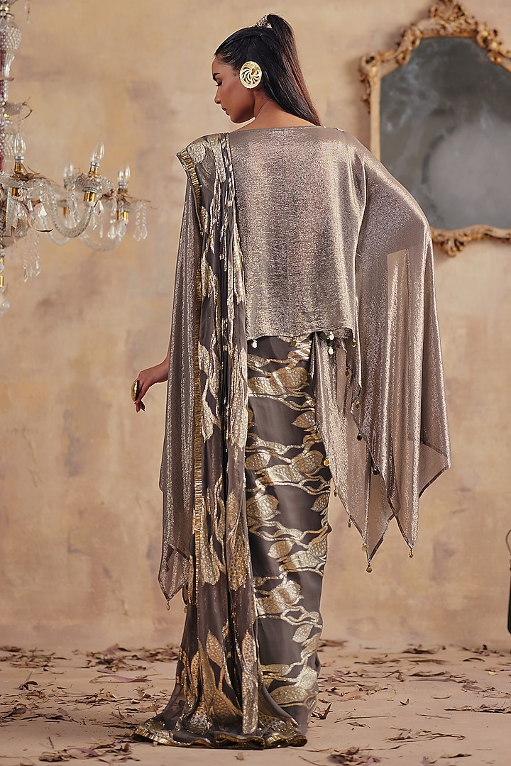 Grey Jacquard Premium Lurex Georgette Printed Draped Wedding Saree Set by Ajiesh Oberoi at Pernia's Pop Up Shop