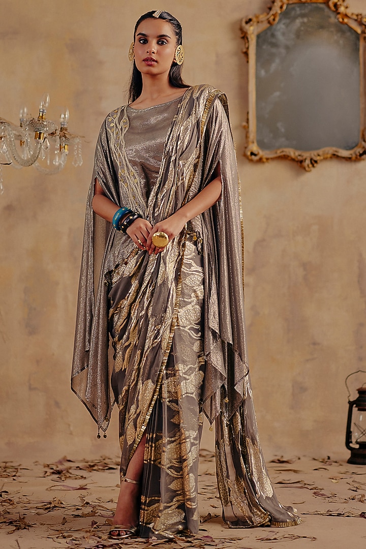 Grey Jacquard Premium Lurex Georgette Printed Draped Wedding Saree Set by Ajiesh Oberoi at Pernia's Pop Up Shop