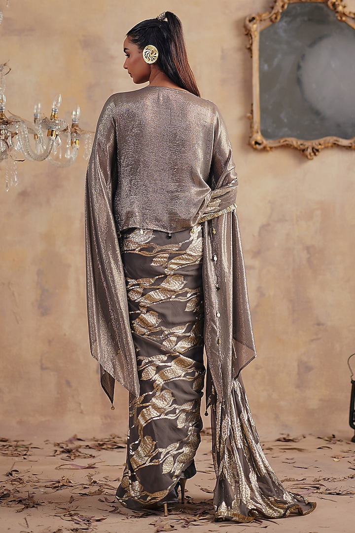 Grey Jacquard Premium Lurex Georgette Printed Draped Wedding Saree Set by Ajiesh Oberoi at Pernia's Pop Up Shop