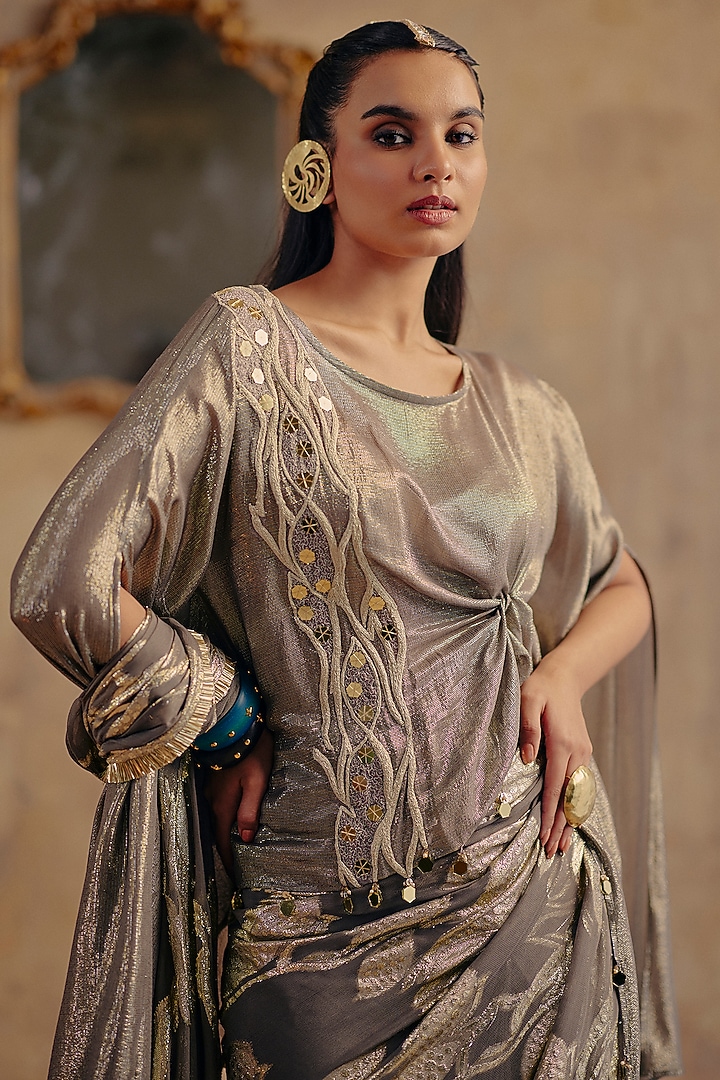 Grey Jacquard Premium Lurex Georgette Printed Draped Wedding Saree Set by Ajiesh Oberoi at Pernia's Pop Up Shop
