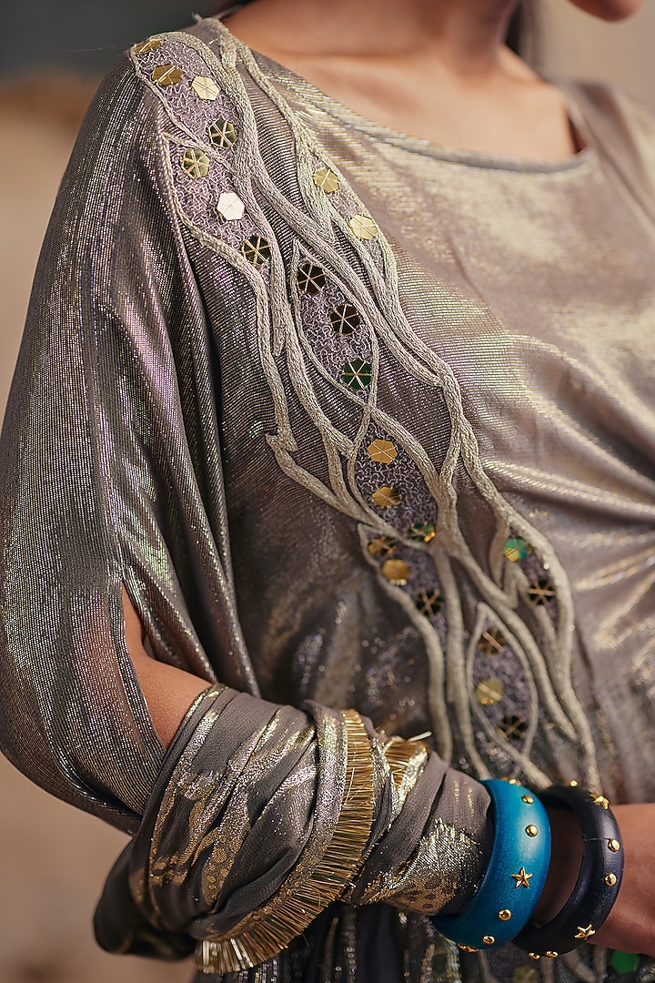 Grey Jacquard Premium Lurex Georgette Printed Draped Wedding Saree Set by Ajiesh Oberoi at Pernia's Pop Up Shop