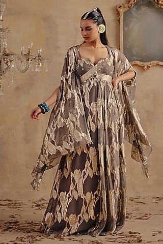 Grey Jacquard Premium Lurex Georgette Printed Maxi Dress by Ajiesh Oberoi