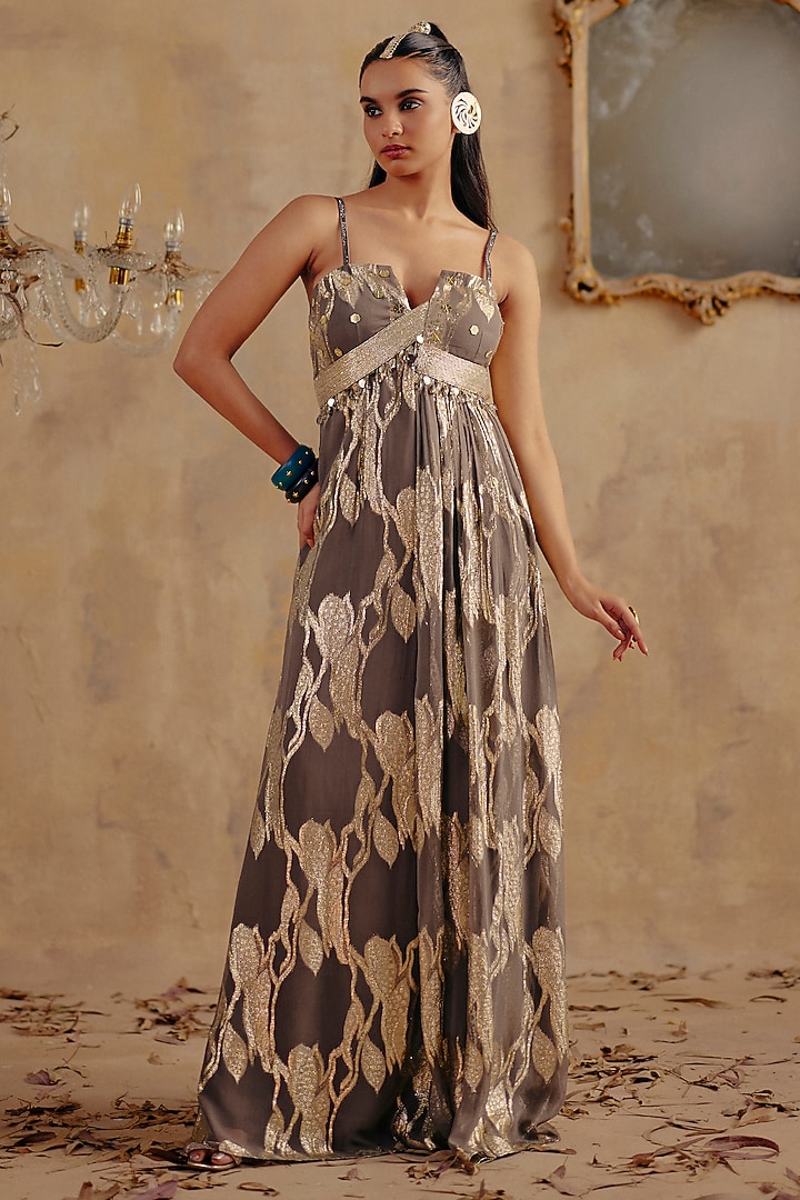 Grey Jacquard Premium Lurex Georgette Printed Maxi Vacation Dress by Ajiesh Oberoi at Pernia's Pop Up Shop