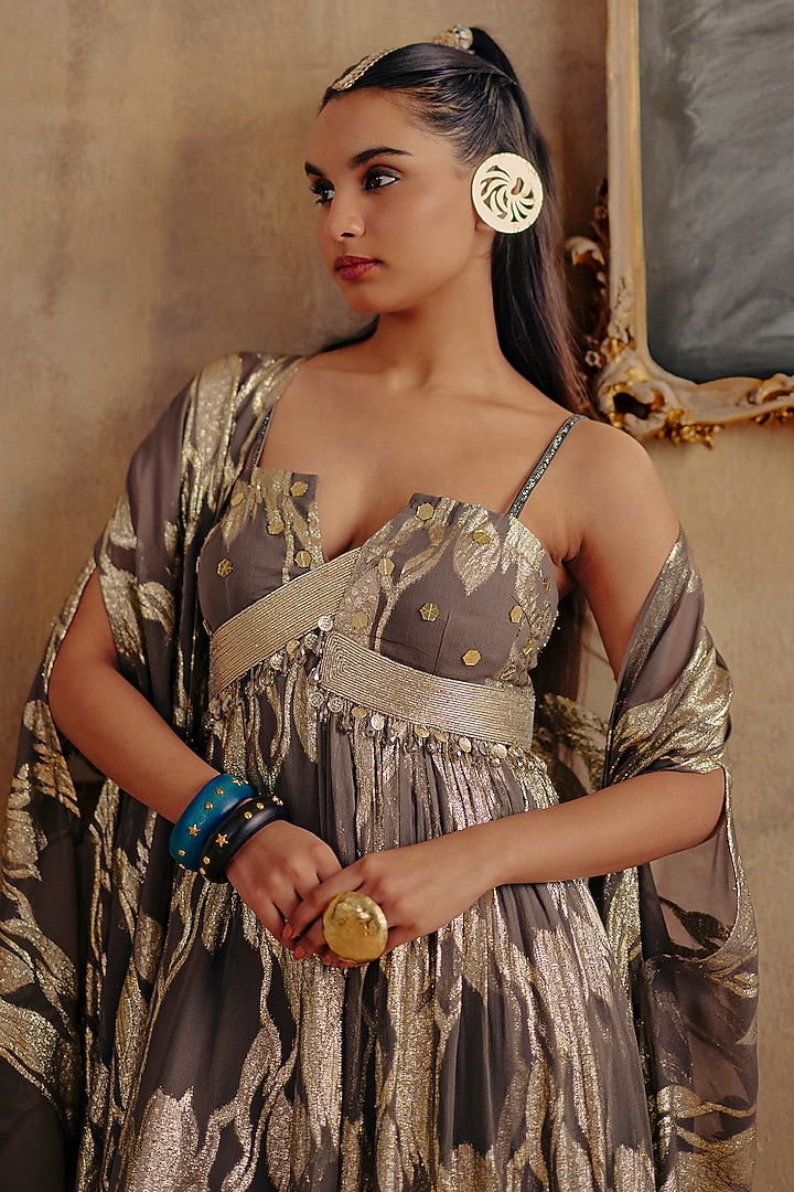 Grey Jacquard Premium Lurex Georgette Printed Maxi Vacation Dress by Ajiesh Oberoi at Pernia's Pop Up Shop