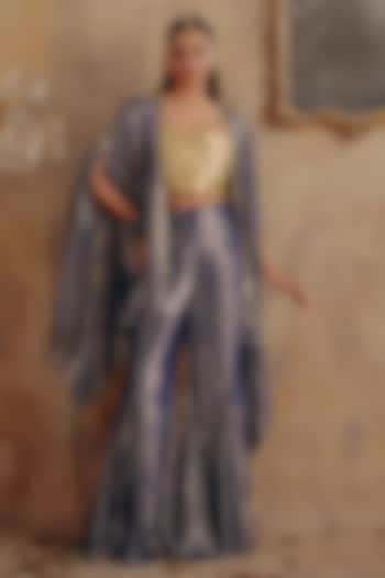 Blue Premium Lurex Georgette Flared Pant Set by Ajiesh Oberoi at Pernia's Pop Up Shop
