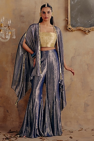 Blue Premium Lurex Georgette Flared Pant Set by Ajiesh Oberoi