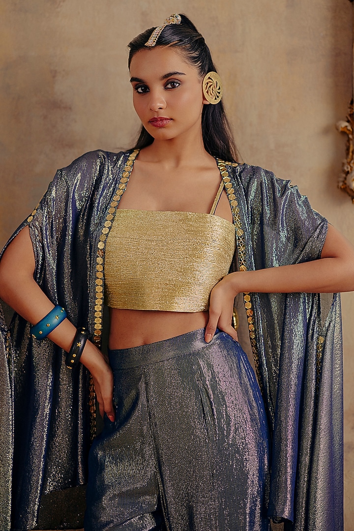 Blue Premium Lurex Georgette Flared Pant Set by Ajiesh Oberoi at Pernia's Pop Up Shop