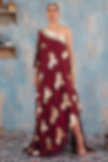 Deep Burgundy Jacquard Premium Lurex Georgette Embellished Maxi Vacation Dress by Ajiesh Oberoi at Pernia's Pop Up Shop