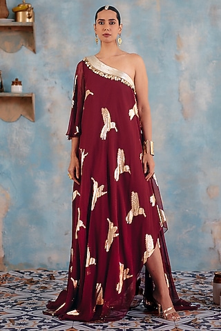 Deep Burgundy Jacquard Premium Lurex Georgette Embellished Maxi Dress by Ajiesh Oberoi