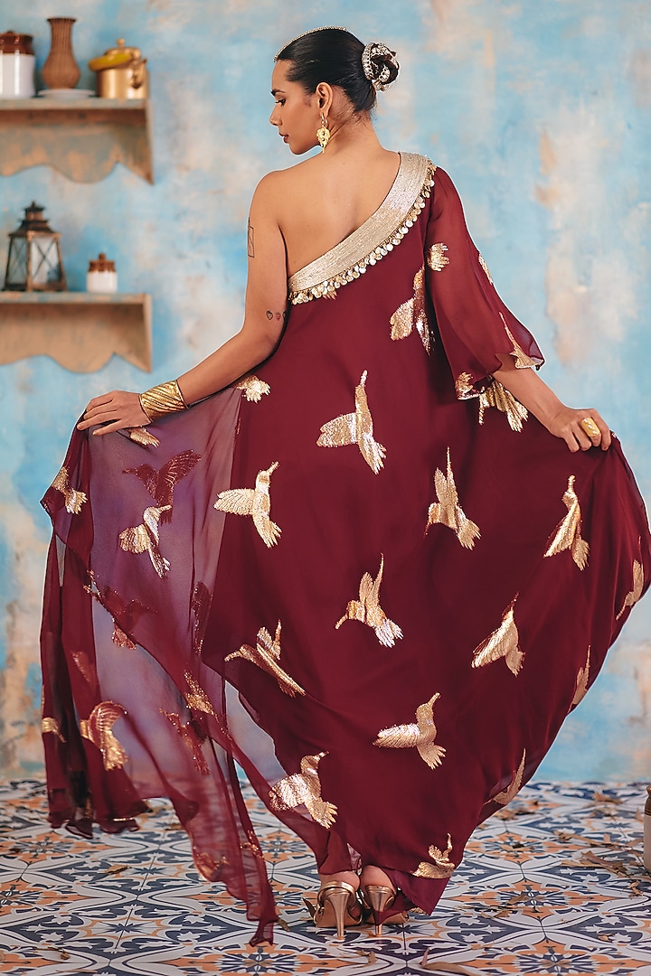 Deep Burgundy Jacquard Premium Lurex Georgette Embellished Maxi Vacation Dress by Ajiesh Oberoi at Pernia's Pop Up Shop