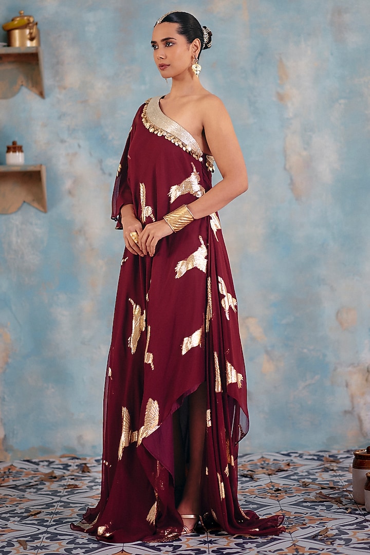Deep Burgundy Jacquard Premium Lurex Georgette Embellished Maxi Vacation Dress by Ajiesh Oberoi at Pernia's Pop Up Shop