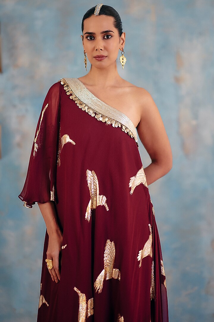 Deep Burgundy Jacquard Premium Lurex Georgette Embellished Maxi Vacation Dress by Ajiesh Oberoi at Pernia's Pop Up Shop