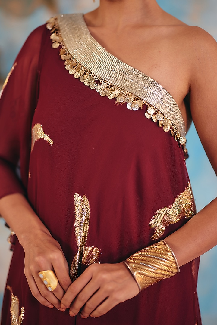 Deep Burgundy Jacquard Premium Lurex Georgette Embellished Maxi Vacation Dress by Ajiesh Oberoi at Pernia's Pop Up Shop