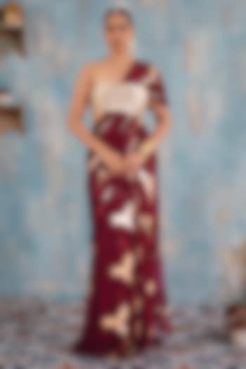 Deep Burgundy Jacquard Premium Lurex Georgette Motif Printed Draped Wedding Saree Set by Ajiesh Oberoi at Pernia's Pop Up Shop