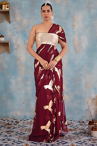 Deep Burgundy Jacquard Premium Lurex Georgette Motif Printed Draped Saree Set by Ajiesh Oberoi