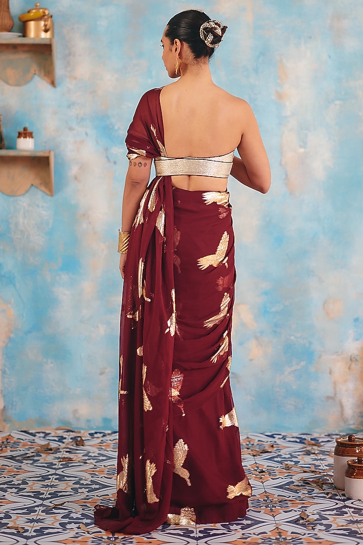 Deep Burgundy Jacquard Premium Lurex Georgette Motif Printed Draped Wedding Saree Set by Ajiesh Oberoi at Pernia's Pop Up Shop