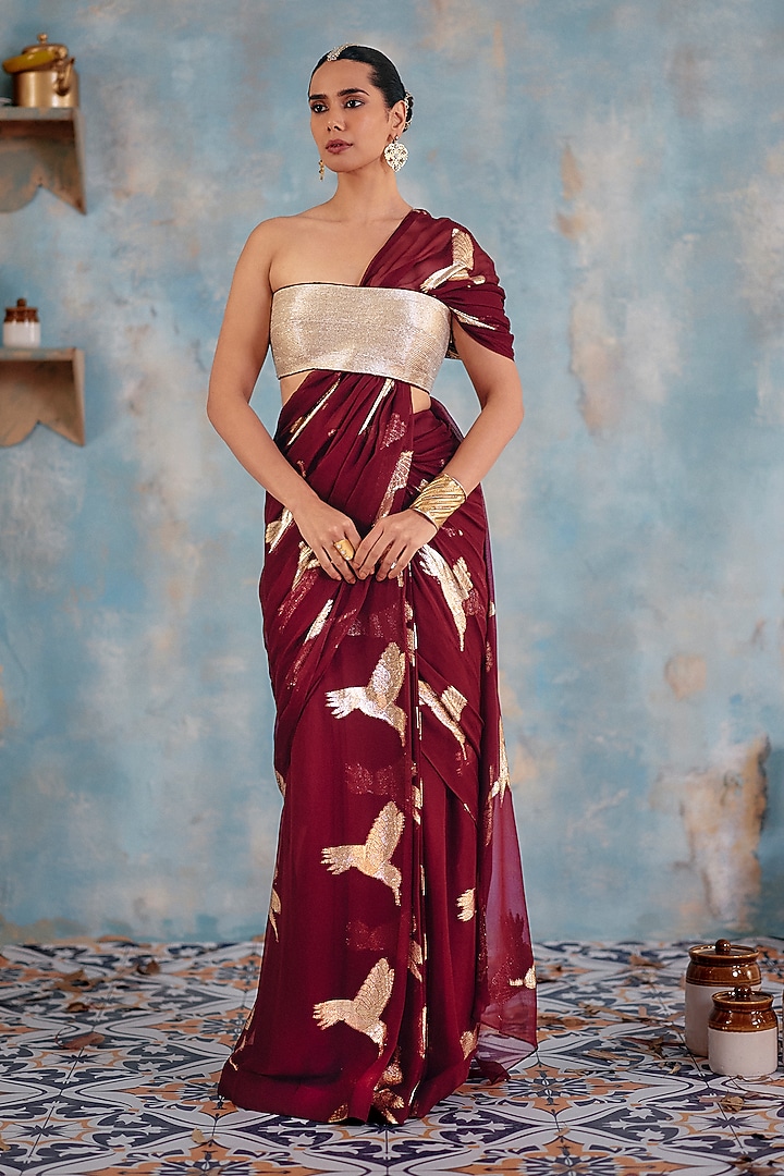Deep Burgundy Jacquard Premium Lurex Georgette Motif Printed Draped Wedding Saree Set by Ajiesh Oberoi at Pernia's Pop Up Shop