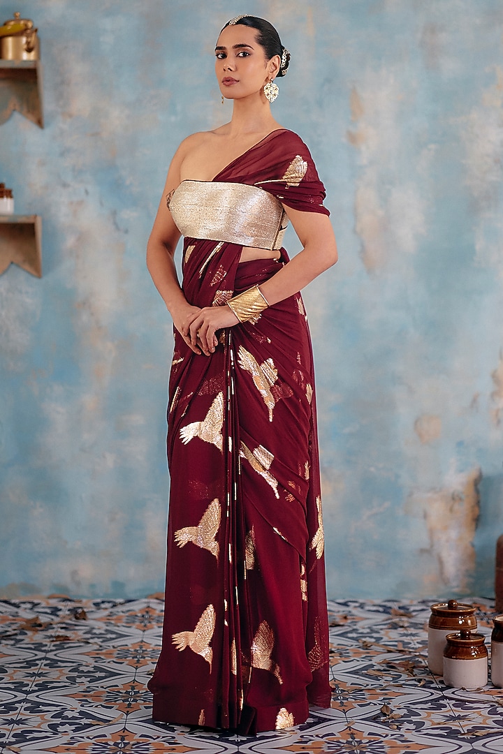 Deep Burgundy Jacquard Premium Lurex Georgette Motif Printed Draped Wedding Saree Set by Ajiesh Oberoi at Pernia's Pop Up Shop
