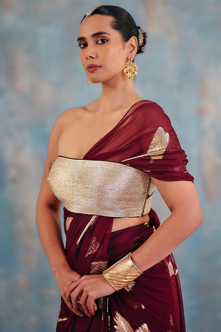 Deep Burgundy Jacquard Premium Lurex Georgette Motif Printed Draped Wedding Saree Set by Ajiesh Oberoi at Pernia's Pop Up Shop