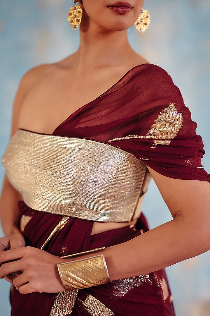 Deep Burgundy Jacquard Premium Lurex Georgette Motif Printed Draped Wedding Saree Set by Ajiesh Oberoi at Pernia's Pop Up Shop