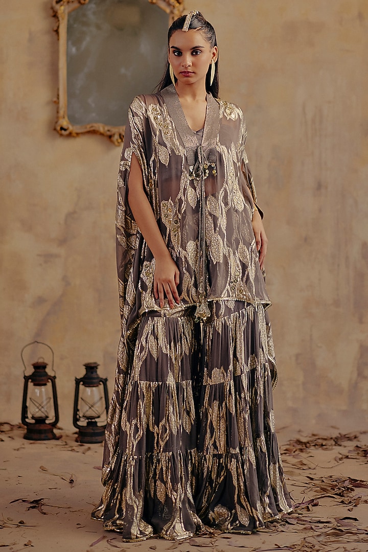 Grey Jacquard Premium Lurex Georgette Motif Printed Cape Set by Ajiesh Oberoi at Pernia's Pop Up Shop