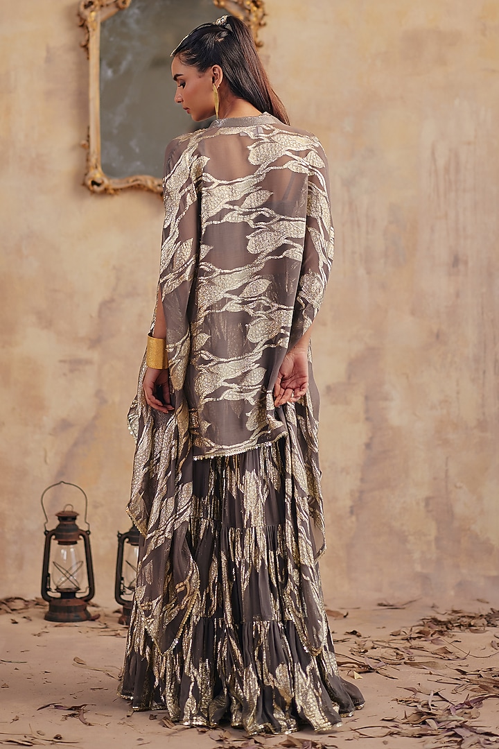 Grey Jacquard Premium Lurex Georgette Motif Printed Cape Set by Ajiesh Oberoi at Pernia's Pop Up Shop