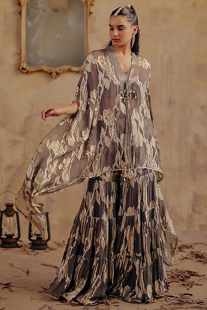 Grey Jacquard Premium Lurex Georgette Motif Printed Cape Set by Ajiesh Oberoi at Pernia's Pop Up Shop